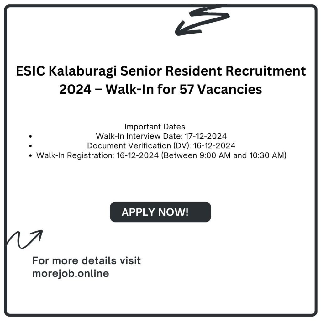 ESIC recruitment, Senior Resident jobs, ESIC Kalaburagi vacancies, walk-in interview 2024, medical postgraduate jobs